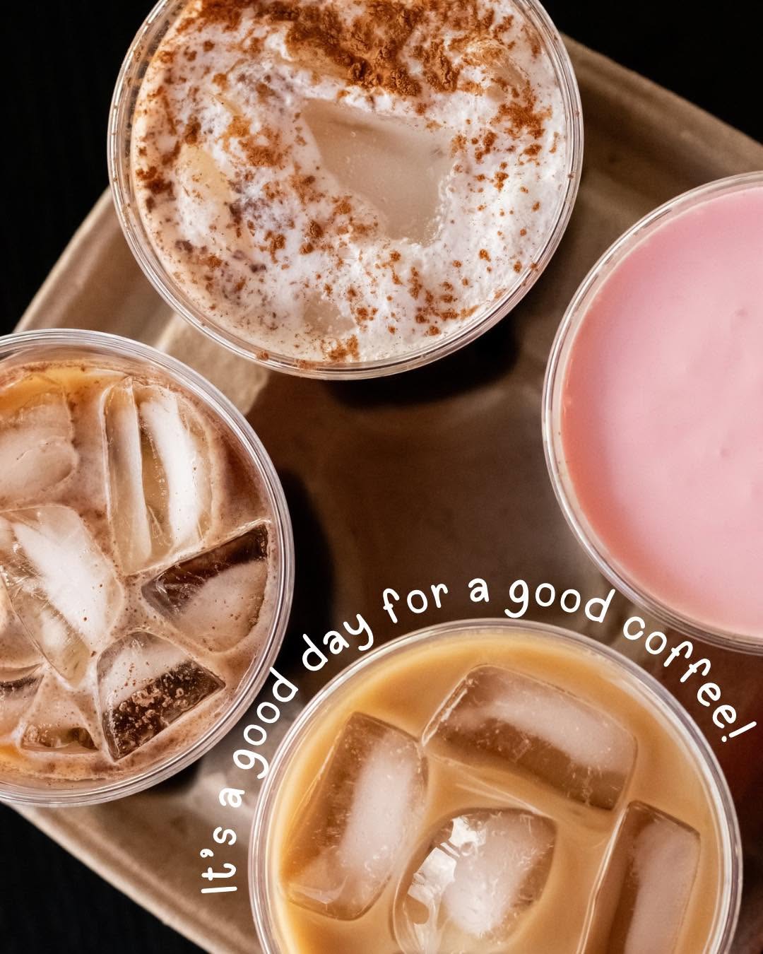 Iced lattes and a strawberry drink on a tray from Luma Coffee Co.